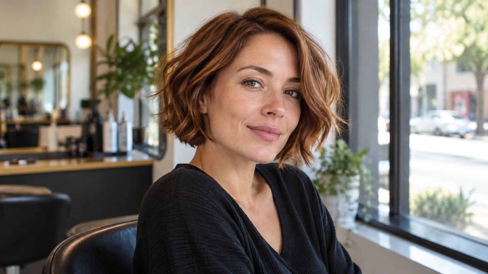 Woman with a softly textured bob haircut in natural light
