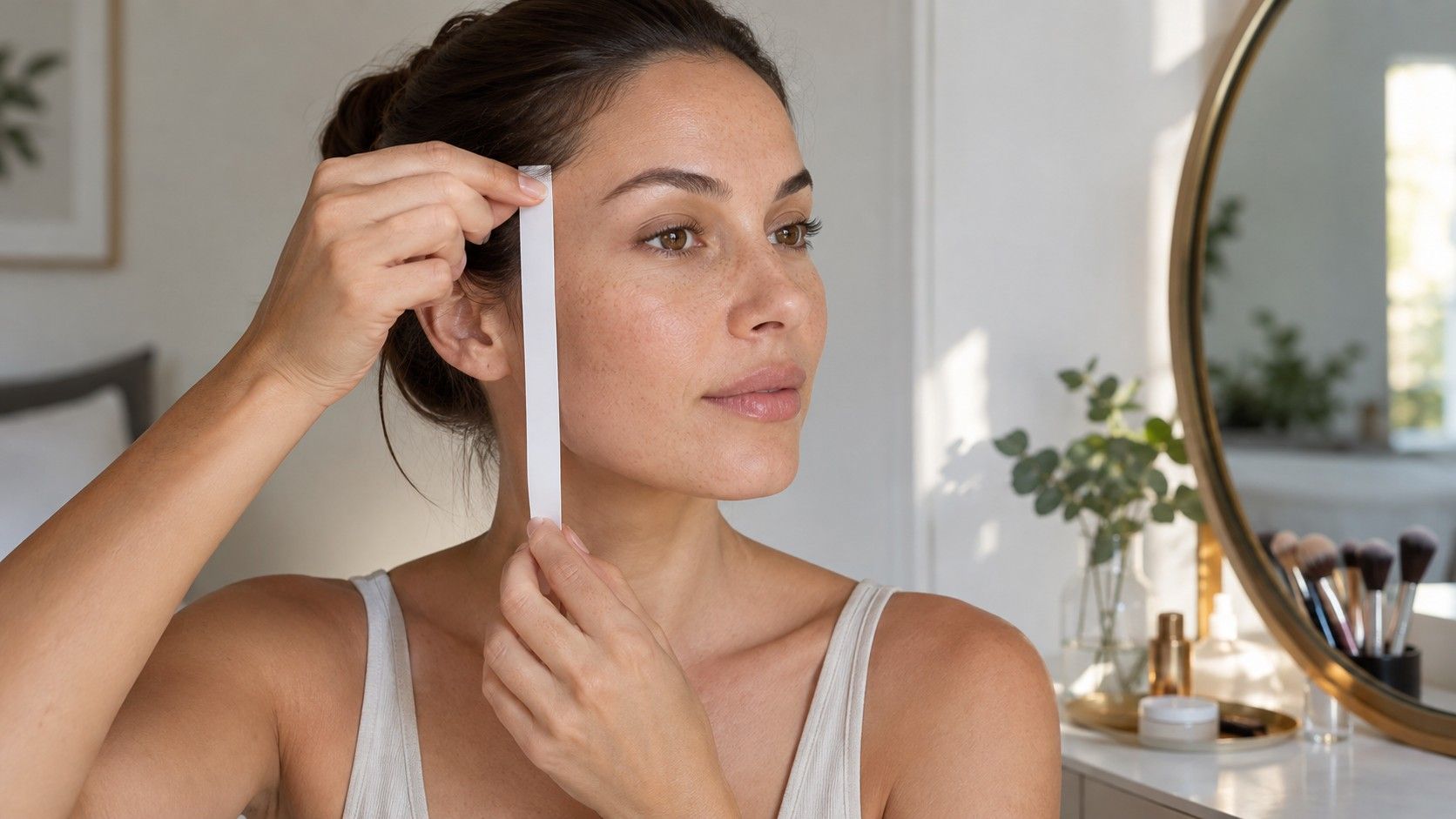 Woman checking facial landmarks in a mirror