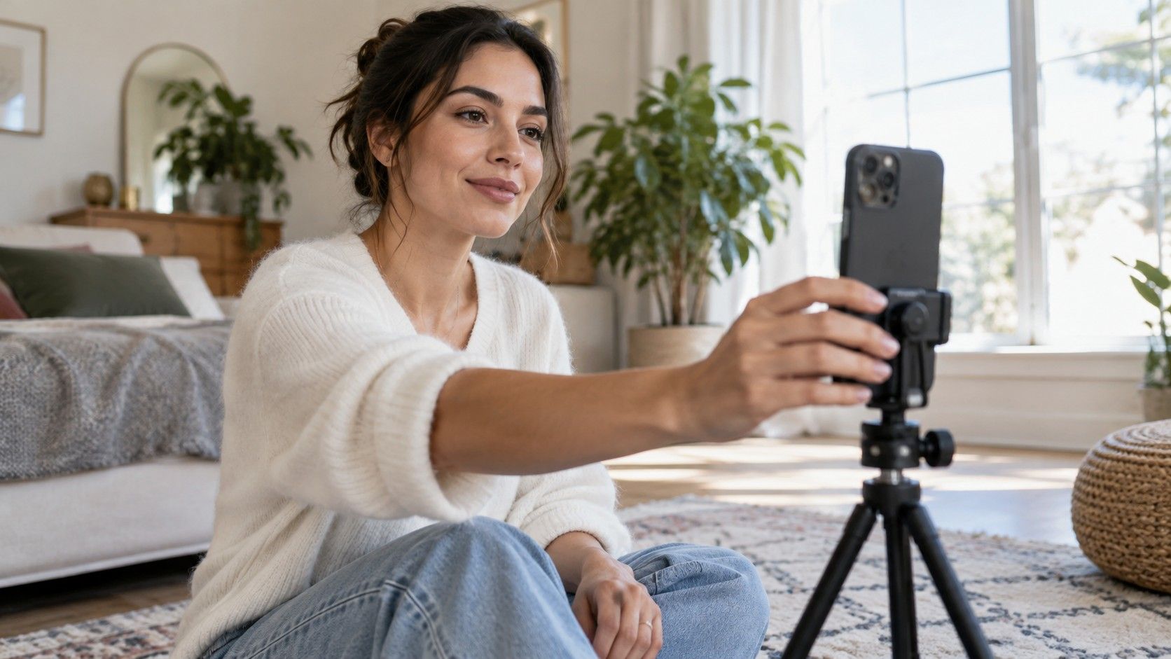 Woman comparing a portrait photograph beside a mirror