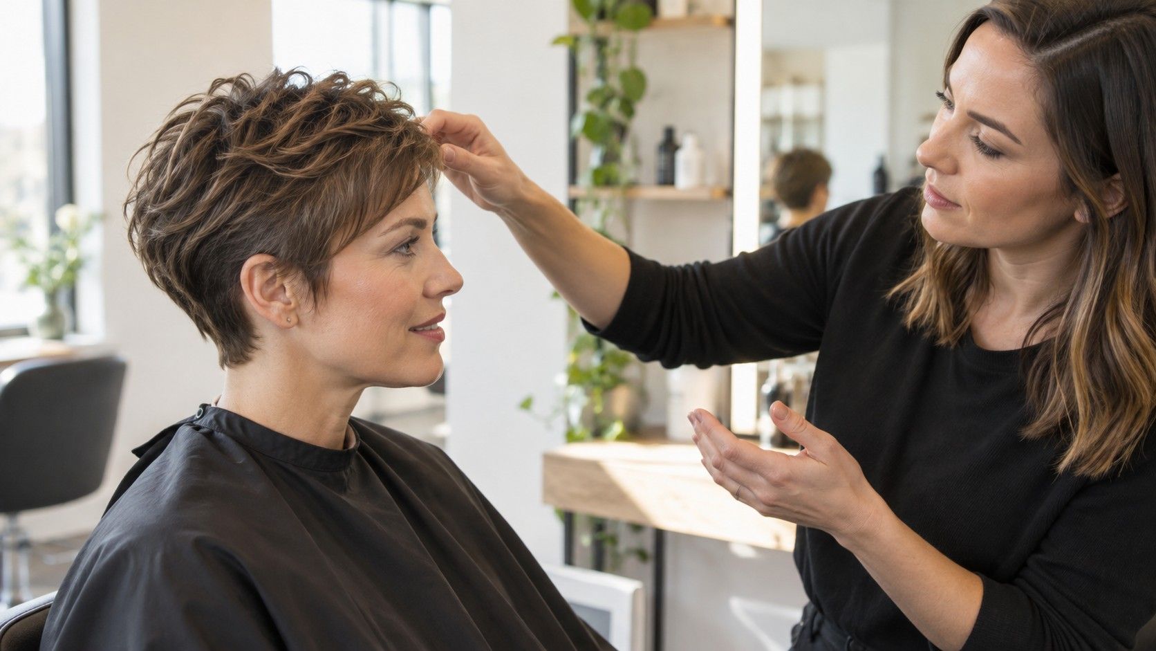 Woman discussing a short textured haircut with a stylist